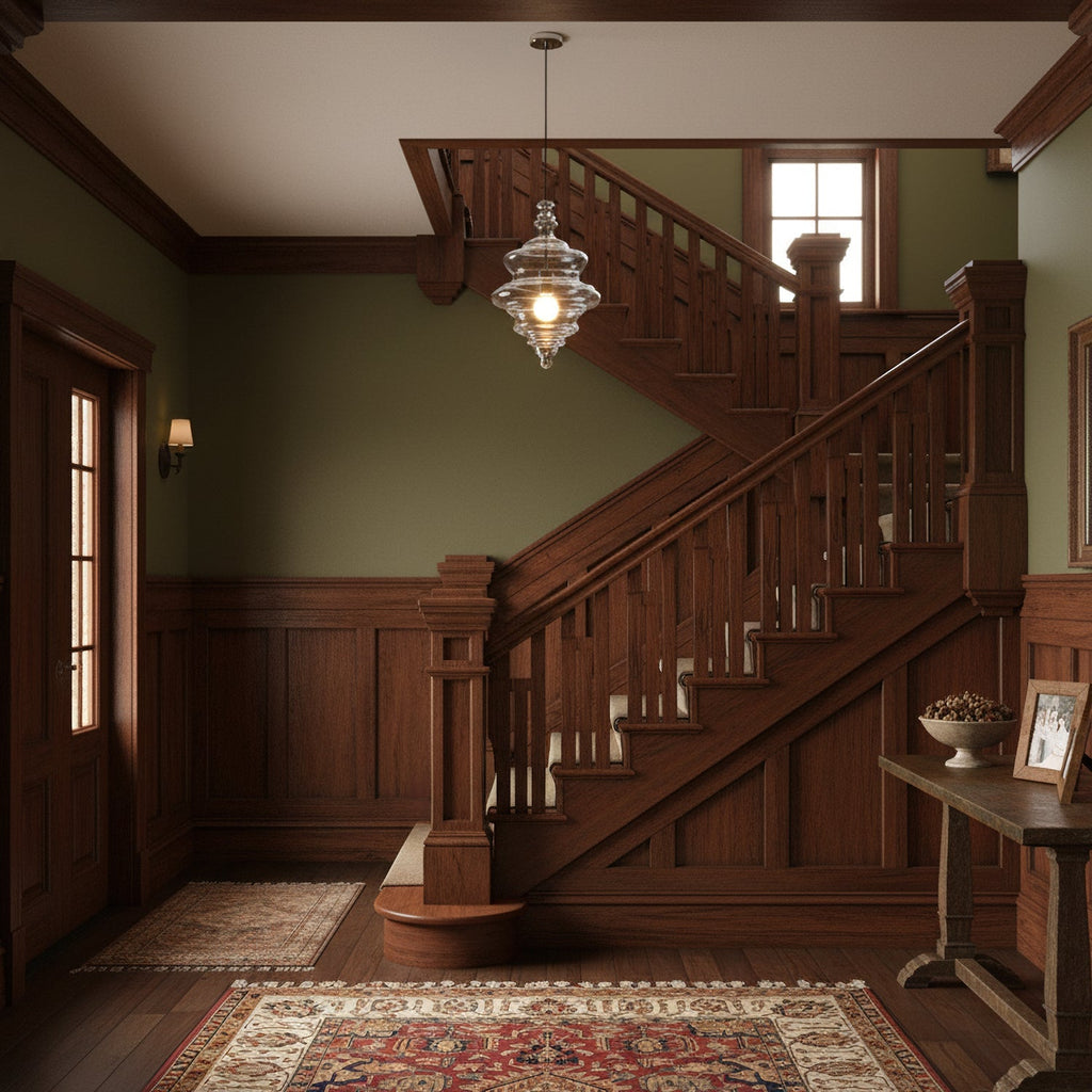 Sculptural clear glass pendant light with a rippled design hanging in a traditional wooden staircase hallway.