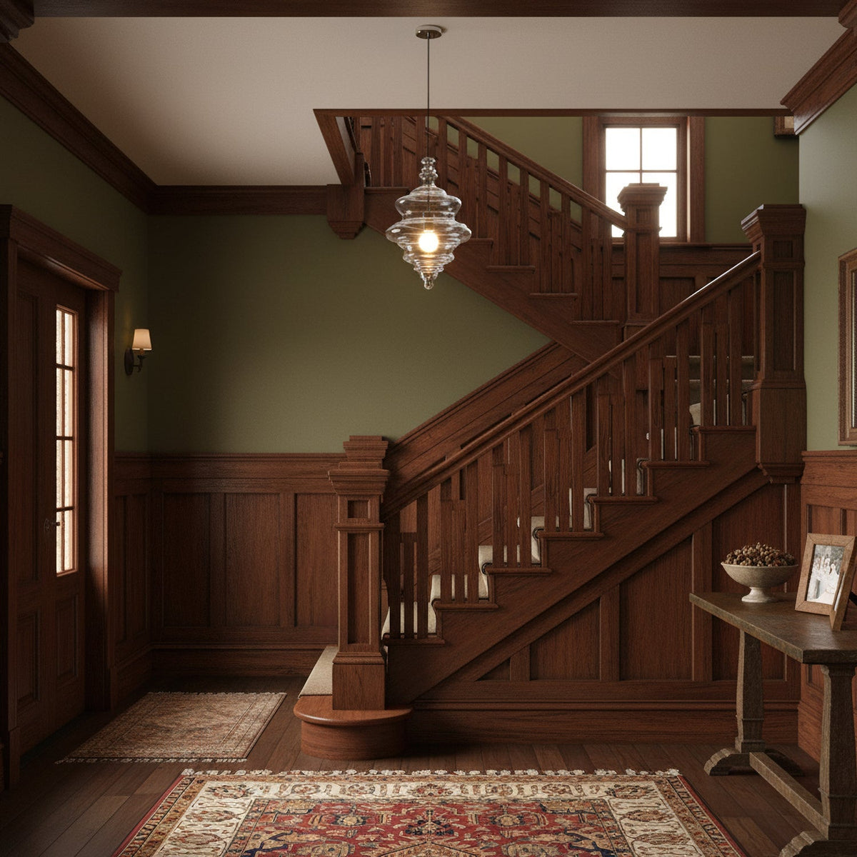 Sculptural clear glass pendant light with a rippled design hanging in a traditional wooden staircase hallway.