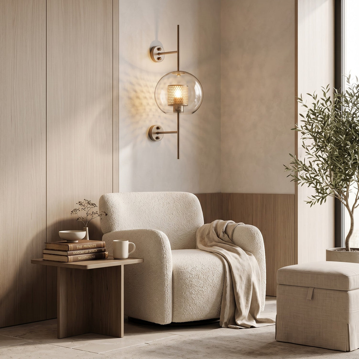 Clear Glass Wall Light – Brass / A in a quiet reading corner above a boucle armchair