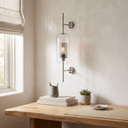Clear Glass Wall Light – Silver / B in a calm home office above a solid oak desk