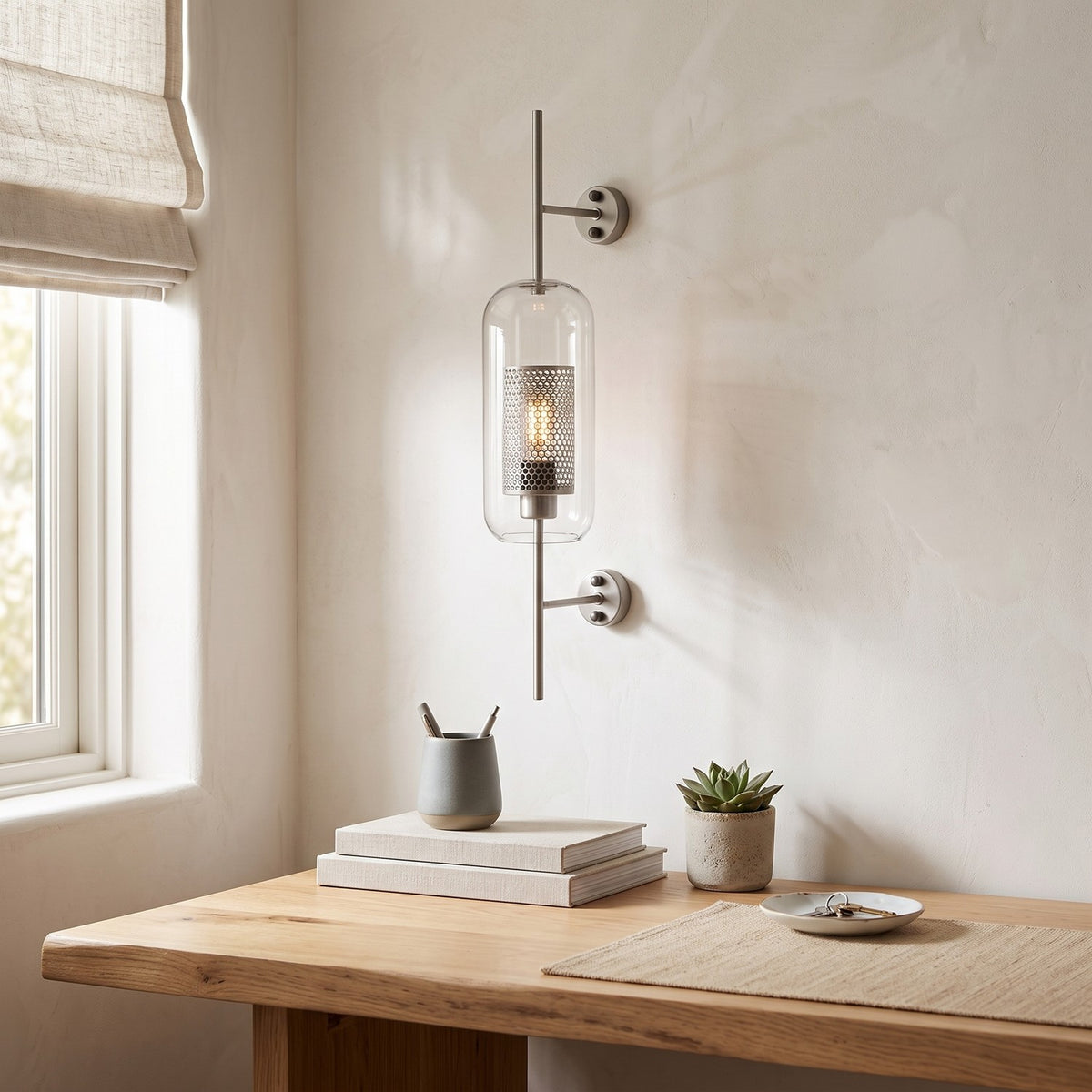 Clear Glass Wall Light – Silver / B in a calm home office above a solid oak desk