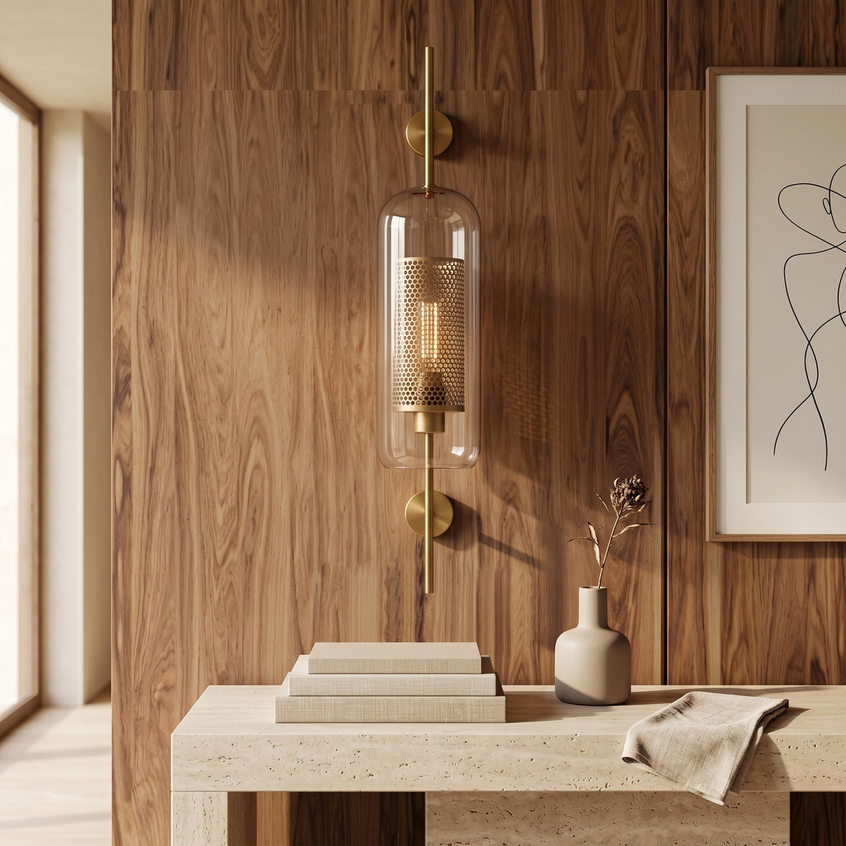 Clear Glass Wall Light – Brass / B in a bright living room above a travertine console