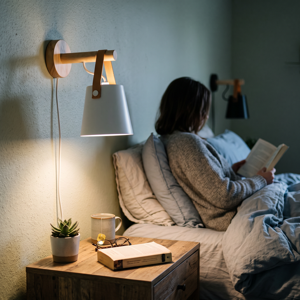 Cone Wall Light with Wood in bedroom above bedside table - Alessio