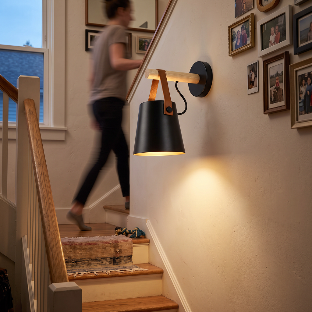 Cone Wall Light with Wood on staircase wall - Alessio