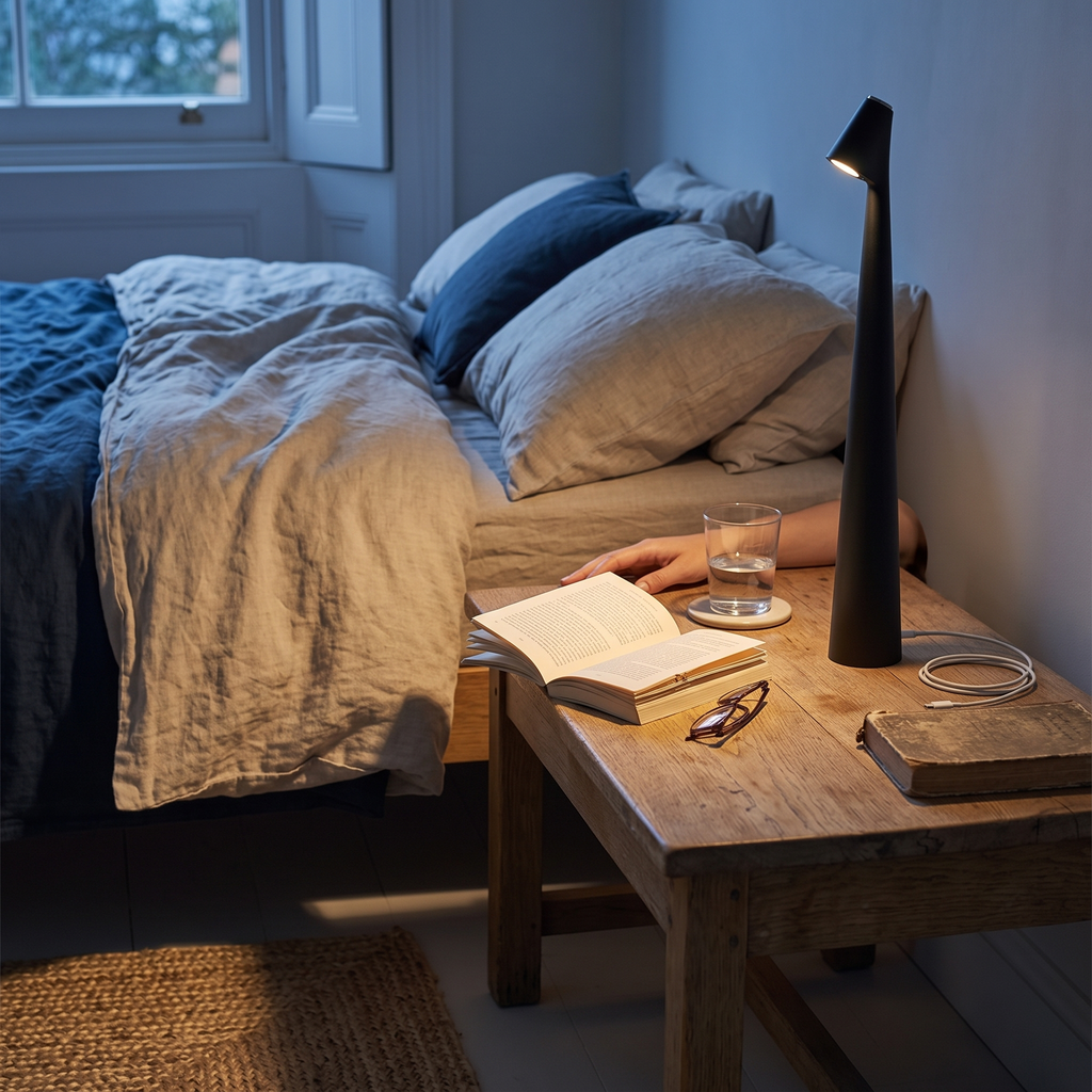 Cordless rechargeable table lamp on bedside table - Studio Pin