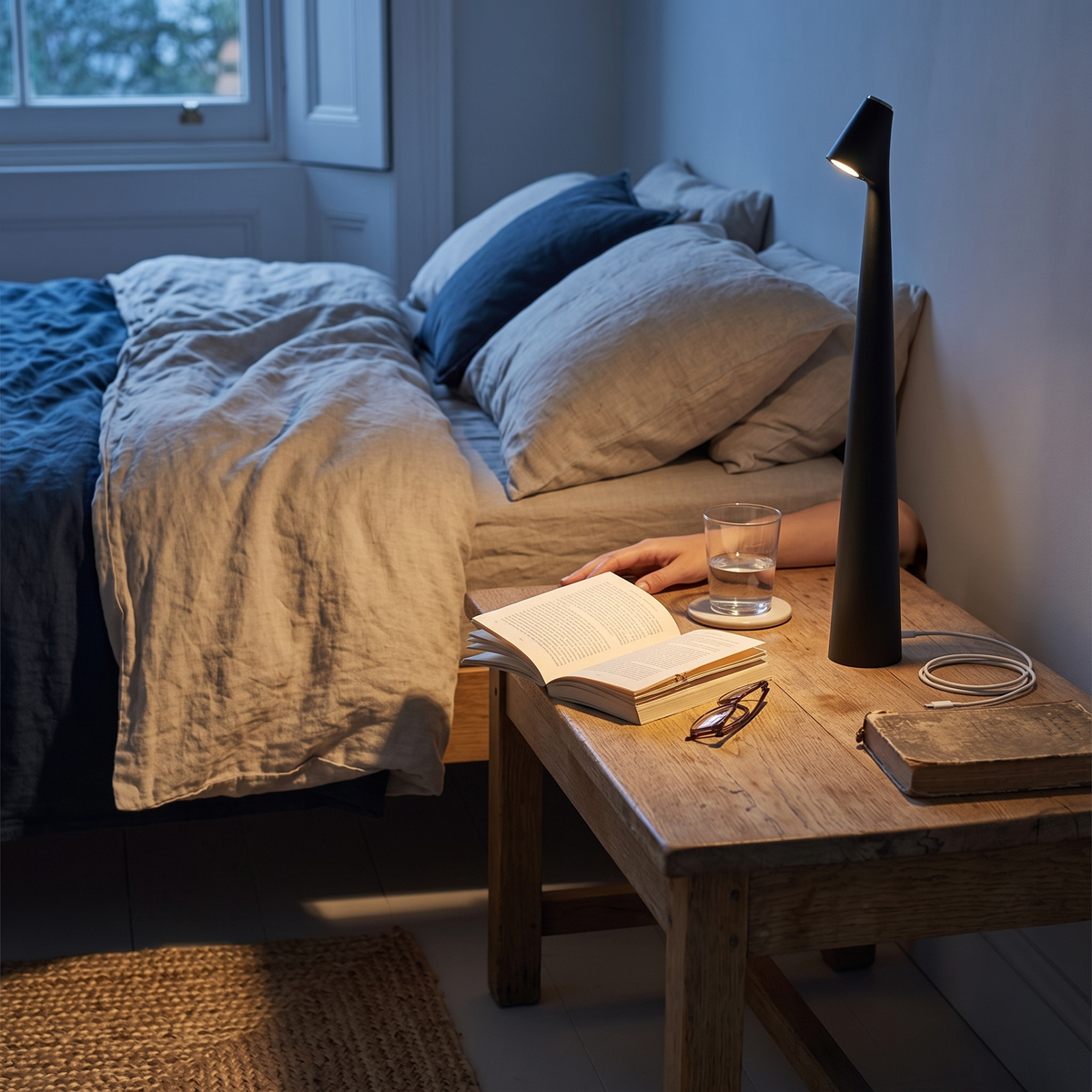 Cordless rechargeable table lamp on bedside table - Studio Pin