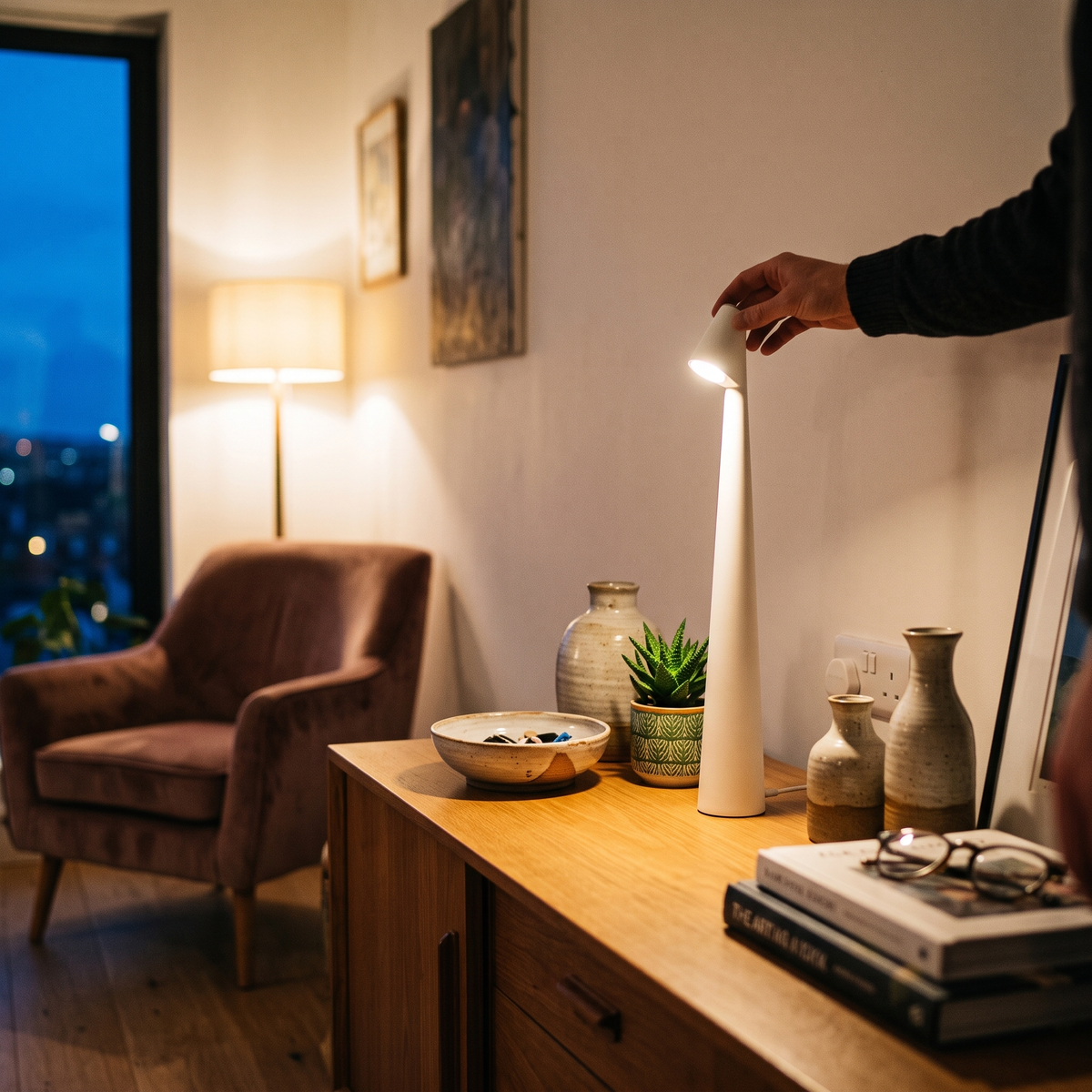 Rechargeable table lamp on living room sideboard - Studio Pin