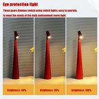 Slim red cordless LED table lamp shown at 30%, 50%, and 100% brightness levels for adjustable warm lighting.