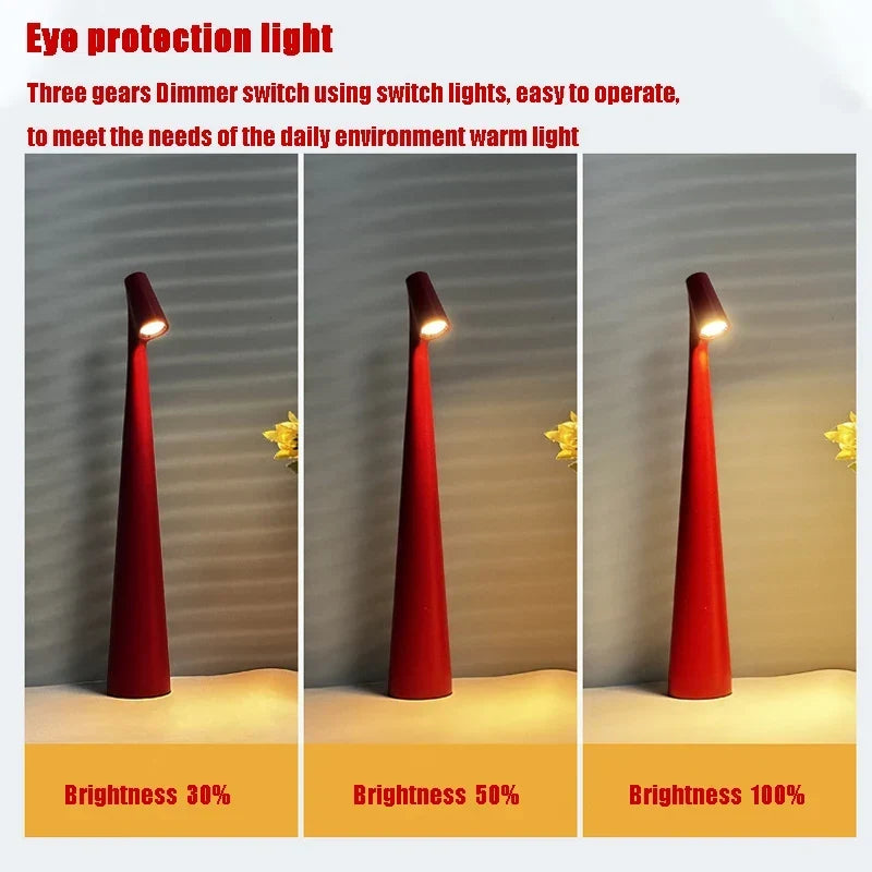 Slim red cordless LED table lamp shown at 30%, 50%, and 100% brightness levels for adjustable warm lighting.