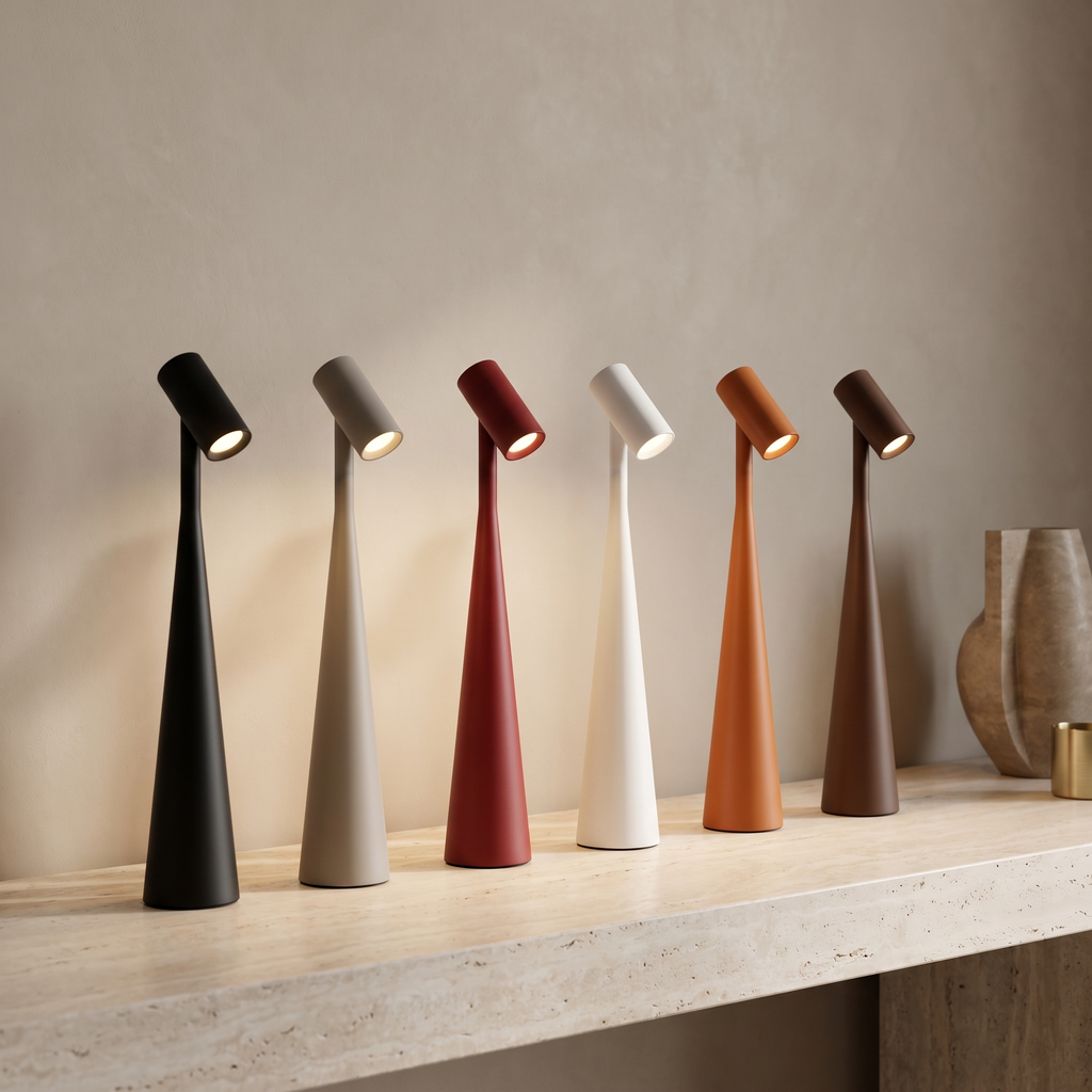 Six slim, minimalist 33cm cordless LED table lamps in black, grey, red, white, orange, and brown on a stone console.