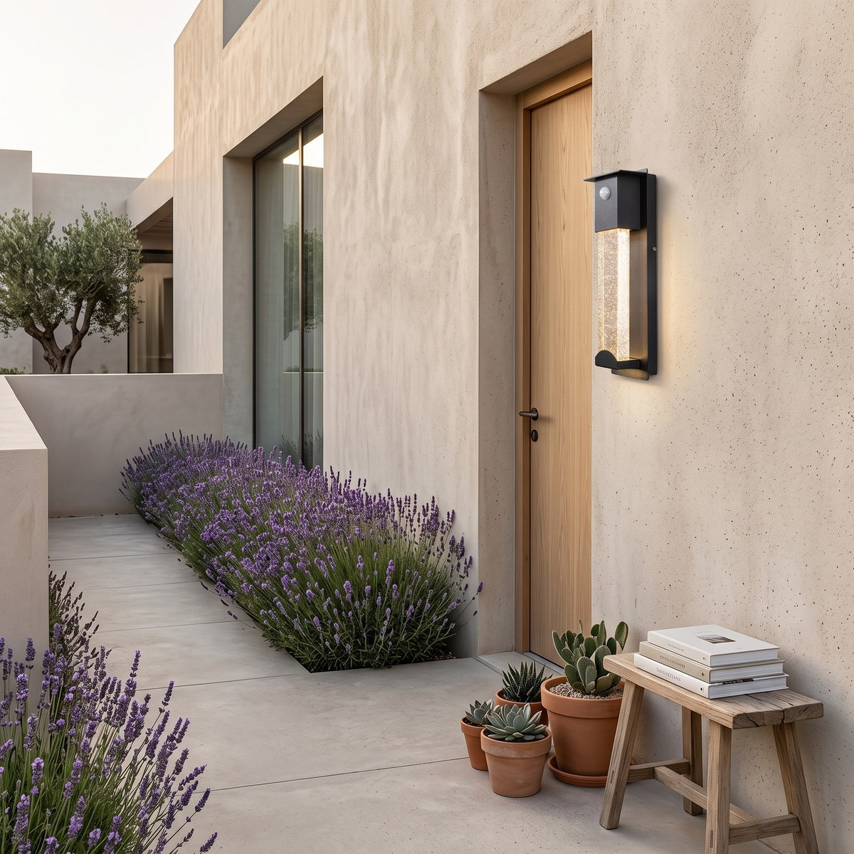 Crystal Effect Outdoor Wall Light – SENSOR in a side path of a luxury villa lined with lavender