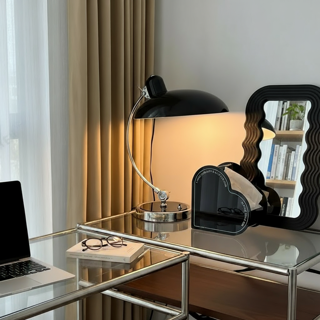 Curved Arc Table Lamp – E27 – Scandinavian – Iron & Chrome