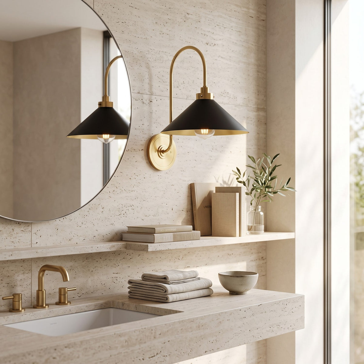Curved Arm Cone Wall Light – Brass+Black in a spa-like bathroom beside a large round mirror and stone vanity