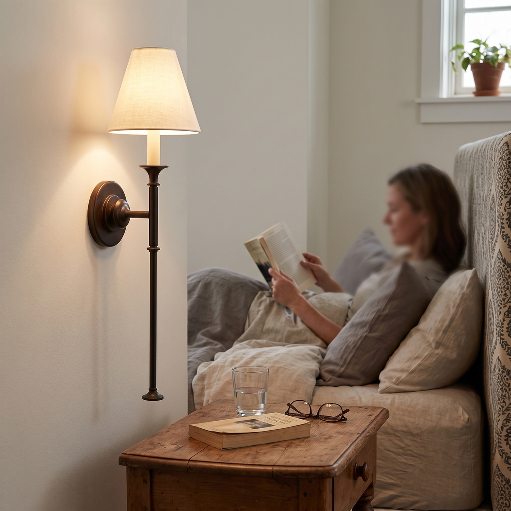 Fabric Cone Wall Light Classic in bedroom above bedside table - Vivienne