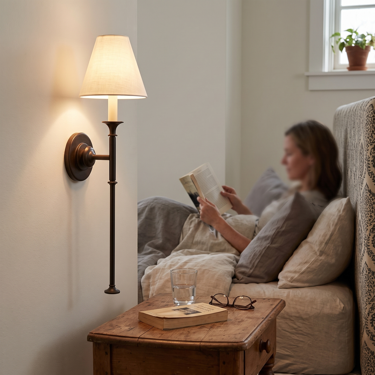 Fabric Cone Wall Light Classic in bedroom above bedside table - Vivienne