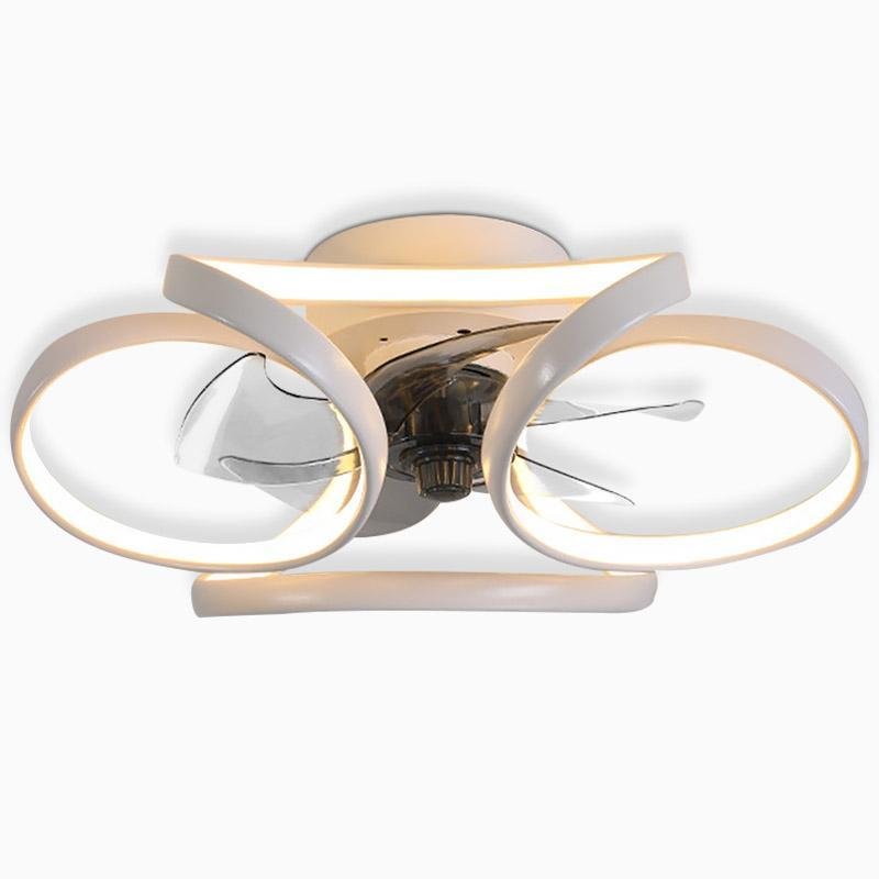 Modern white flush mount ceiling fan with integrated LED rings and transparent blades in a sculptural flower design.