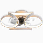 Modern white flush mount ceiling fan with integrated LED rings and transparent blades in a sculptural flower design.