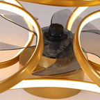 Modern gold flush mount ceiling fan with integrated LED light and translucent petal-shaped blades in a flower design.