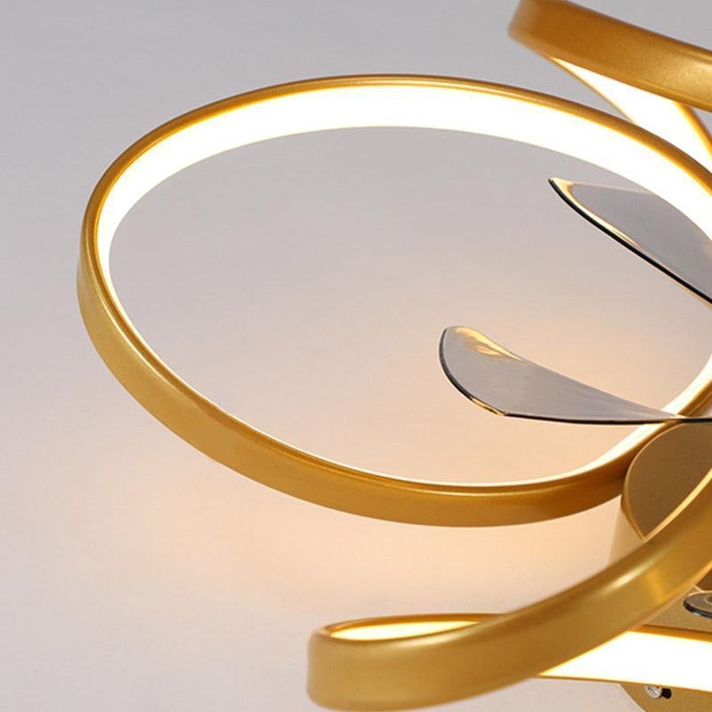 Modern gold flush mount ceiling fan with integrated LED light and decorative petal-shaped blades.
