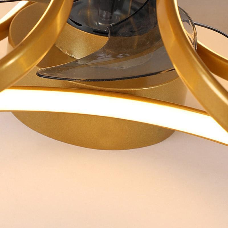 Gold flush mount ceiling fan with integrated LED light and petal-shaped blades in a modern flower design.
