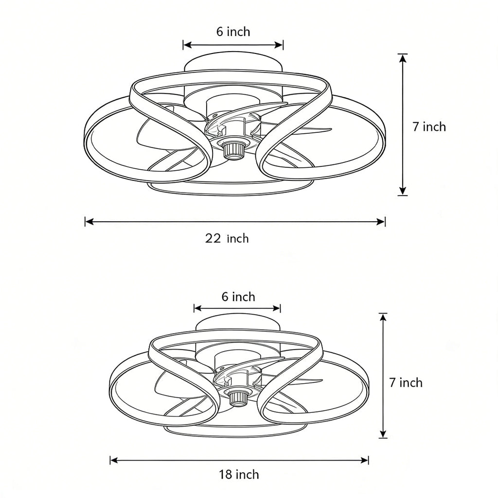 Line drawing of a flower-shaped flush mount ceiling fan with LED light, showing 18-inch and 22-inch diameter dimensions.