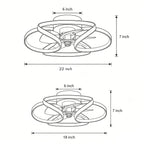 Line drawing of a flower-shaped flush mount ceiling fan with LED light, showing 18-inch and 22-inch diameter dimensions.