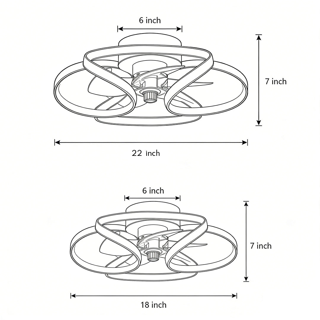 Line drawing of a flower-shaped flush mount ceiling fan with LED light, showing 18-inch and 22-inch diameter dimensions.