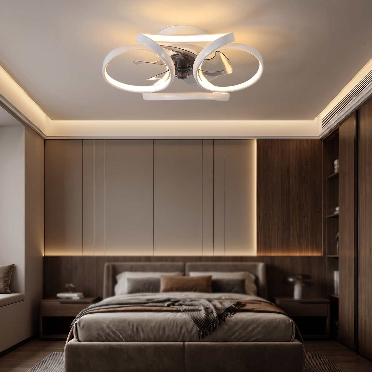 Modern white flower-petal flush mount ceiling fan with integrated LED light in a contemporary bedroom.