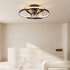 Modern black flush mount ceiling fan with integrated LED flower petal design and hidden blades for low ceilings.