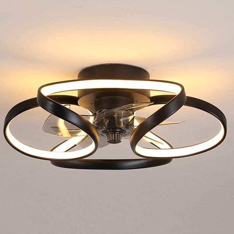 Modern black flush mount ceiling fan with integrated LED light rings and clear fan blades in a sculptural petal design.
