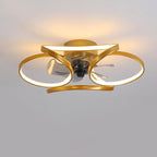 Modern gold flush mount ceiling fan with integrated LED rings and a sculptural flower-petal design.