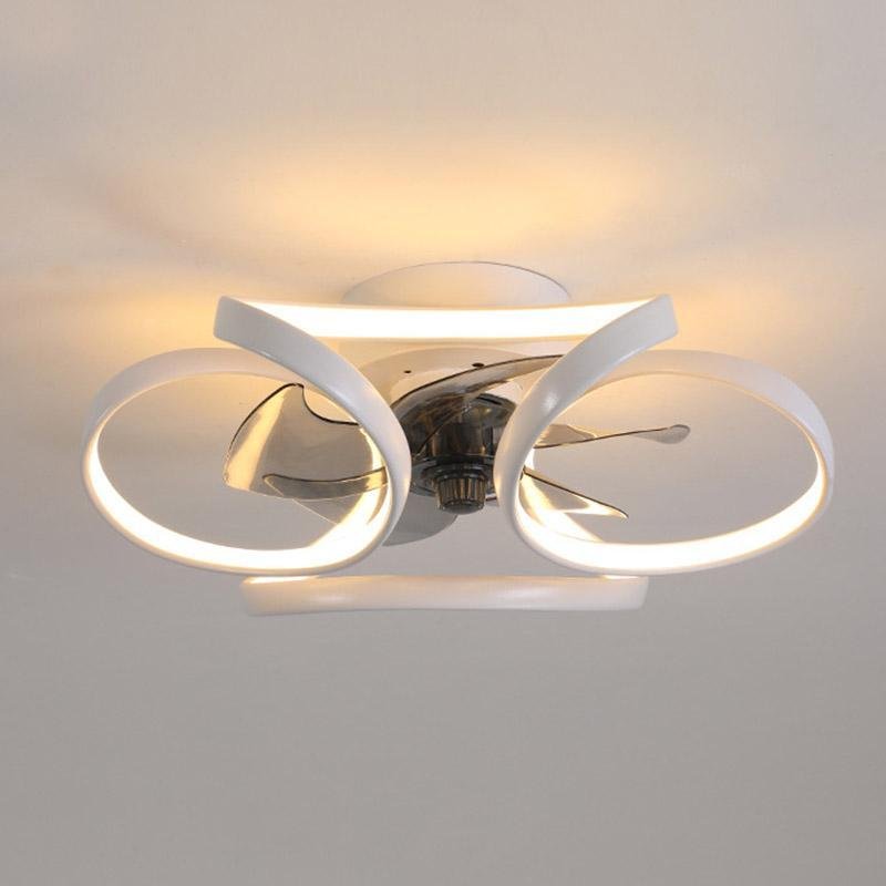 Modern white flush mount ceiling fan with integrated LED light and sculptural petal-shaped blades.