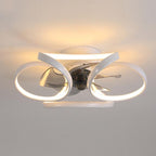 Modern white flush mount ceiling fan with integrated LED light and sculptural petal-shaped blades.