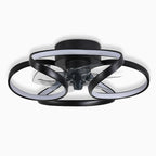 Modern black flush mount ceiling fan with a flower-petal design and integrated LED light panel.
