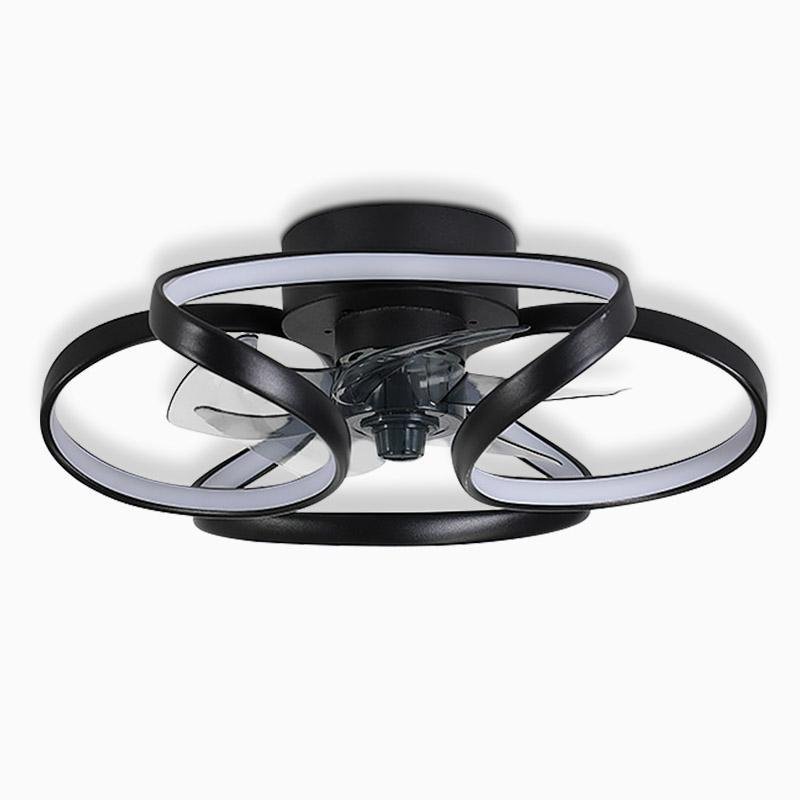 Modern black flush mount ceiling fan with a flower-petal design and integrated LED light panel.