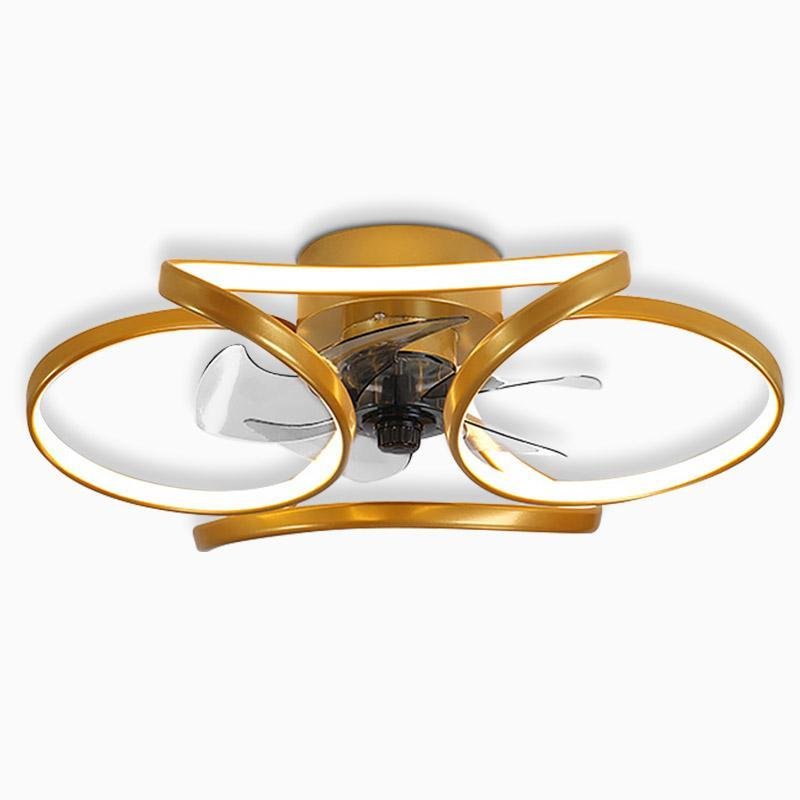 Modern gold flush mount ceiling fan with integrated LED light and sculptural petal-shaped blades.