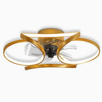 Modern gold flush mount ceiling fan with integrated LED light and sculptural petal-shaped blades.