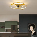 Modern gold flush mount ceiling fan with integrated LED flower-petal design, installed in a contemporary kitchen.