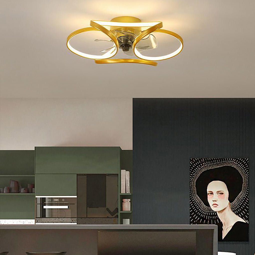 Modern gold flush mount ceiling fan with integrated LED flower-petal design, installed in a contemporary kitchen.