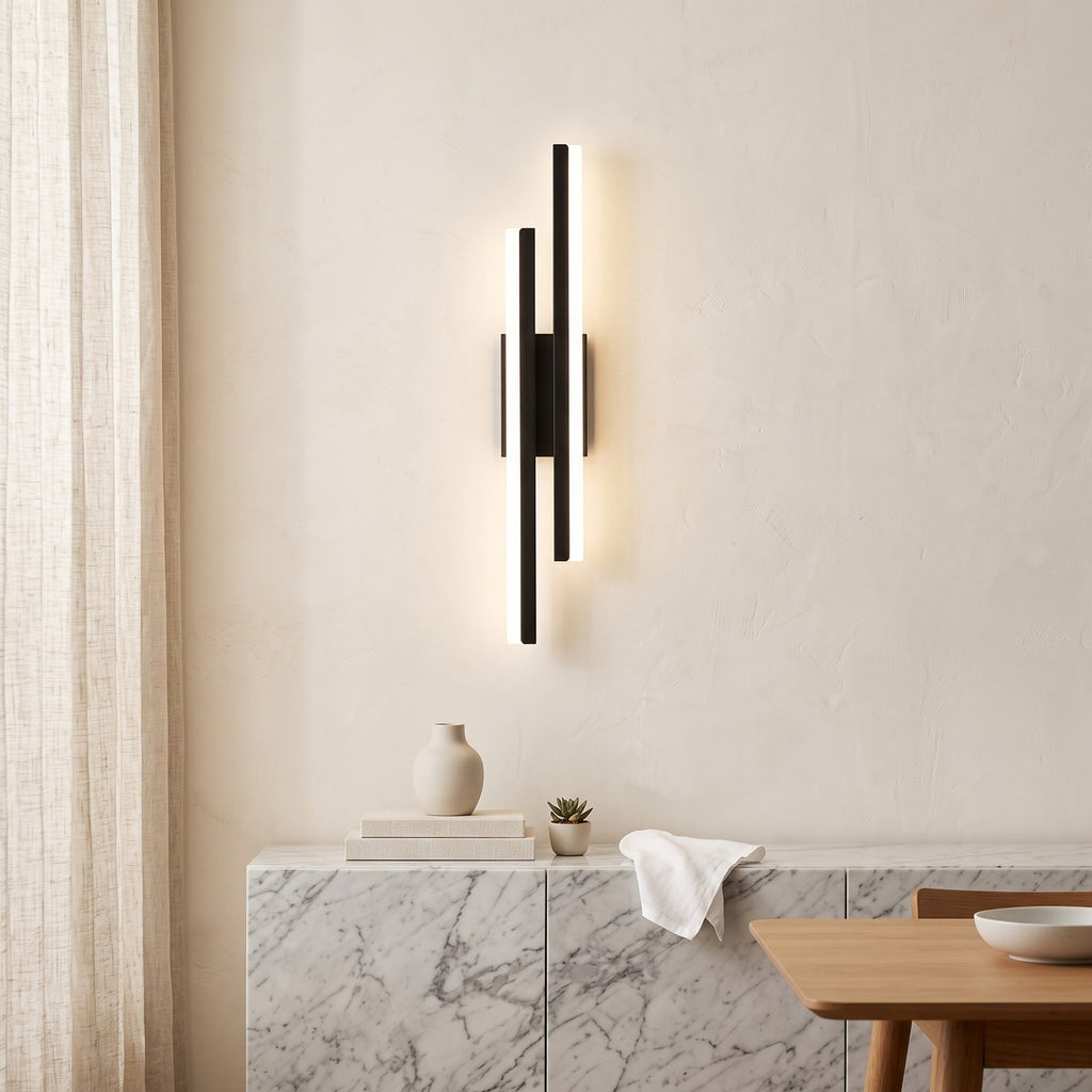 Geometric LED Wall Light – Black / Right in an elegant dining room above a marble sideboard