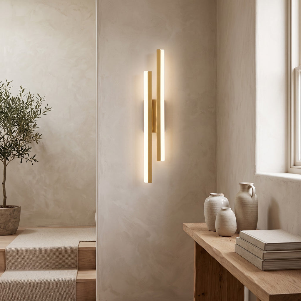 Geometric LED Wall Light – Gold / Right in a staircase landing with limewashed walls