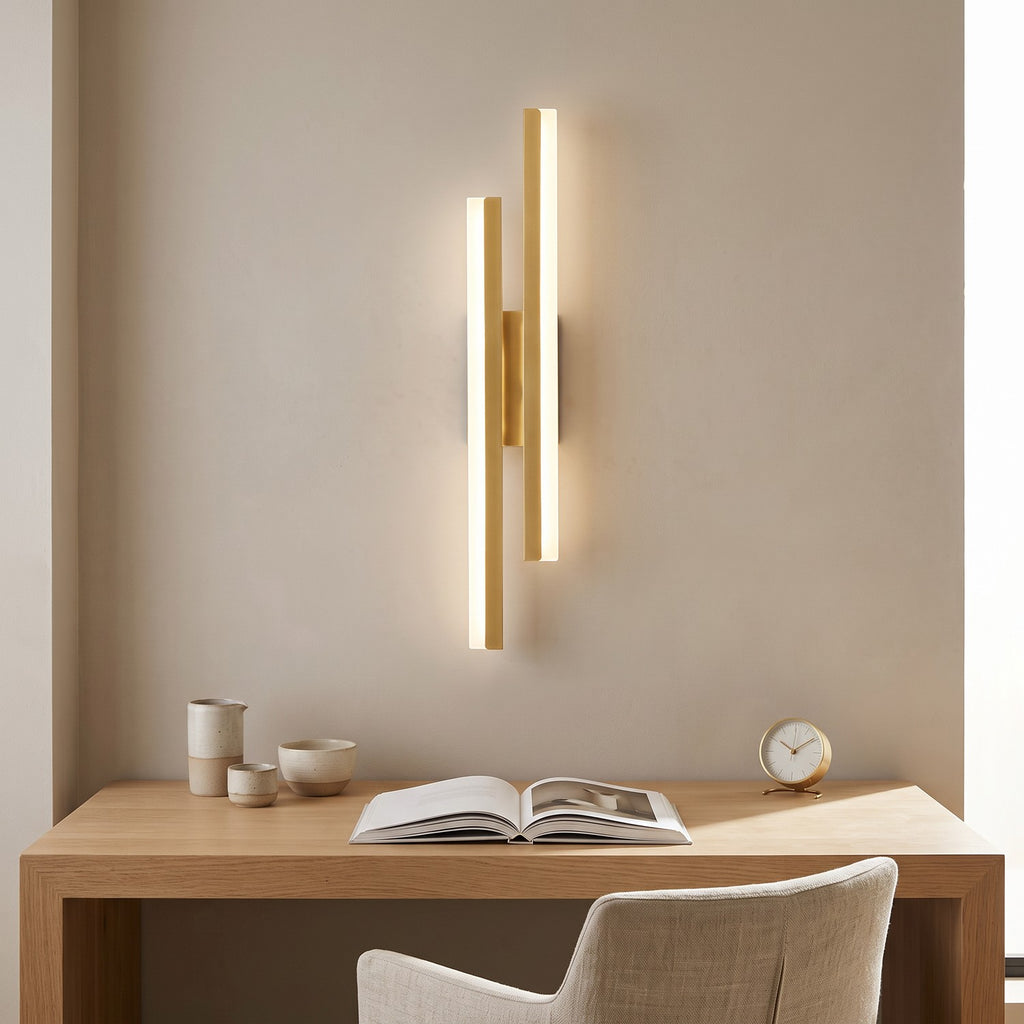 Geometric LED Wall Light – Gold / Right in a calm home office above a solid oak desk