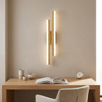 Geometric LED Wall Light – Gold / Right in a calm home office above a solid oak desk