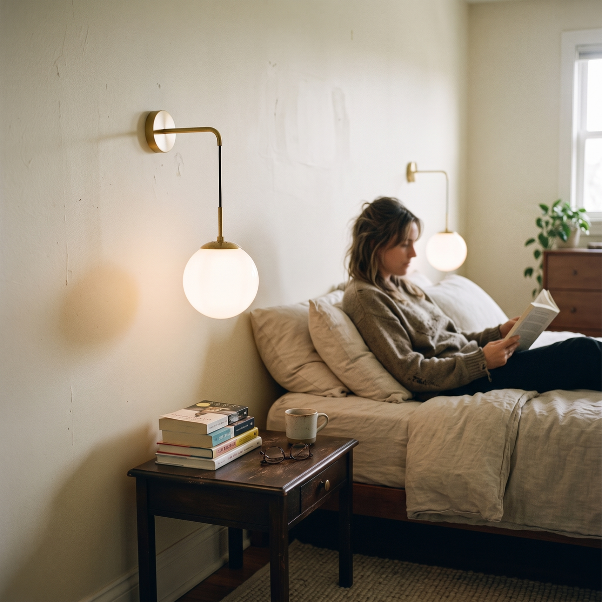 Glass Ball Wall Light Vintage in bedroom above bedside table - Valentina