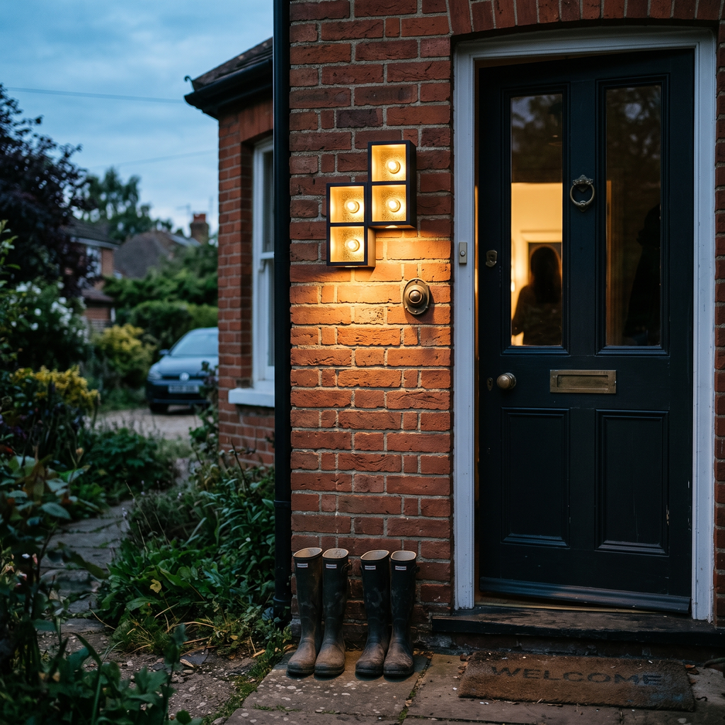 Outdoor Wall Light Black Glass beside front door at dusk - Ray