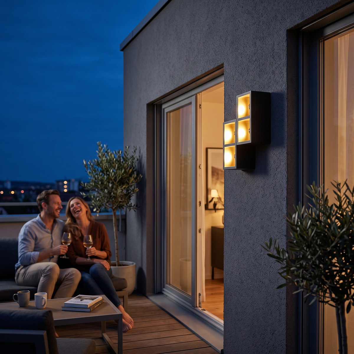 Outdoor Wall Light Black Glass on terrace at blue hour - Ray