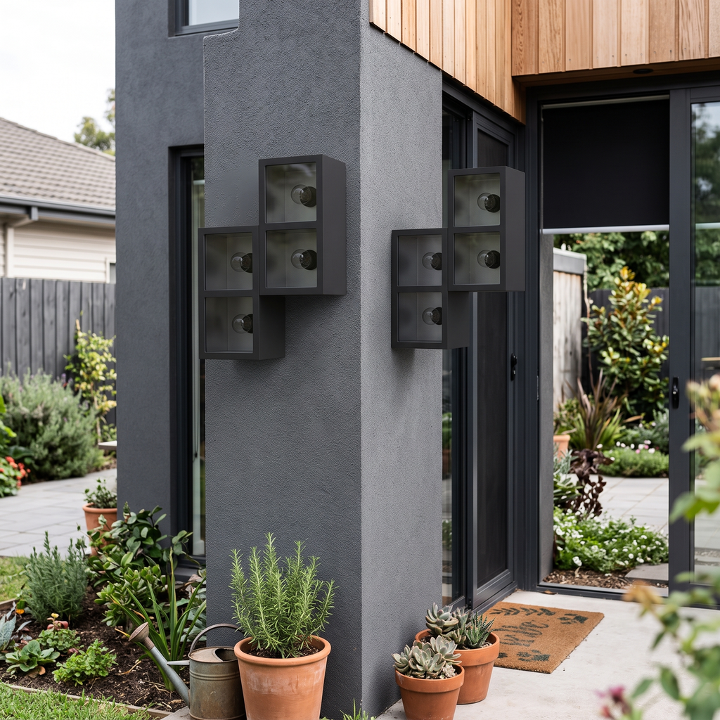 Outdoor Wall Light Black Glass on house exterior by day - Ray
