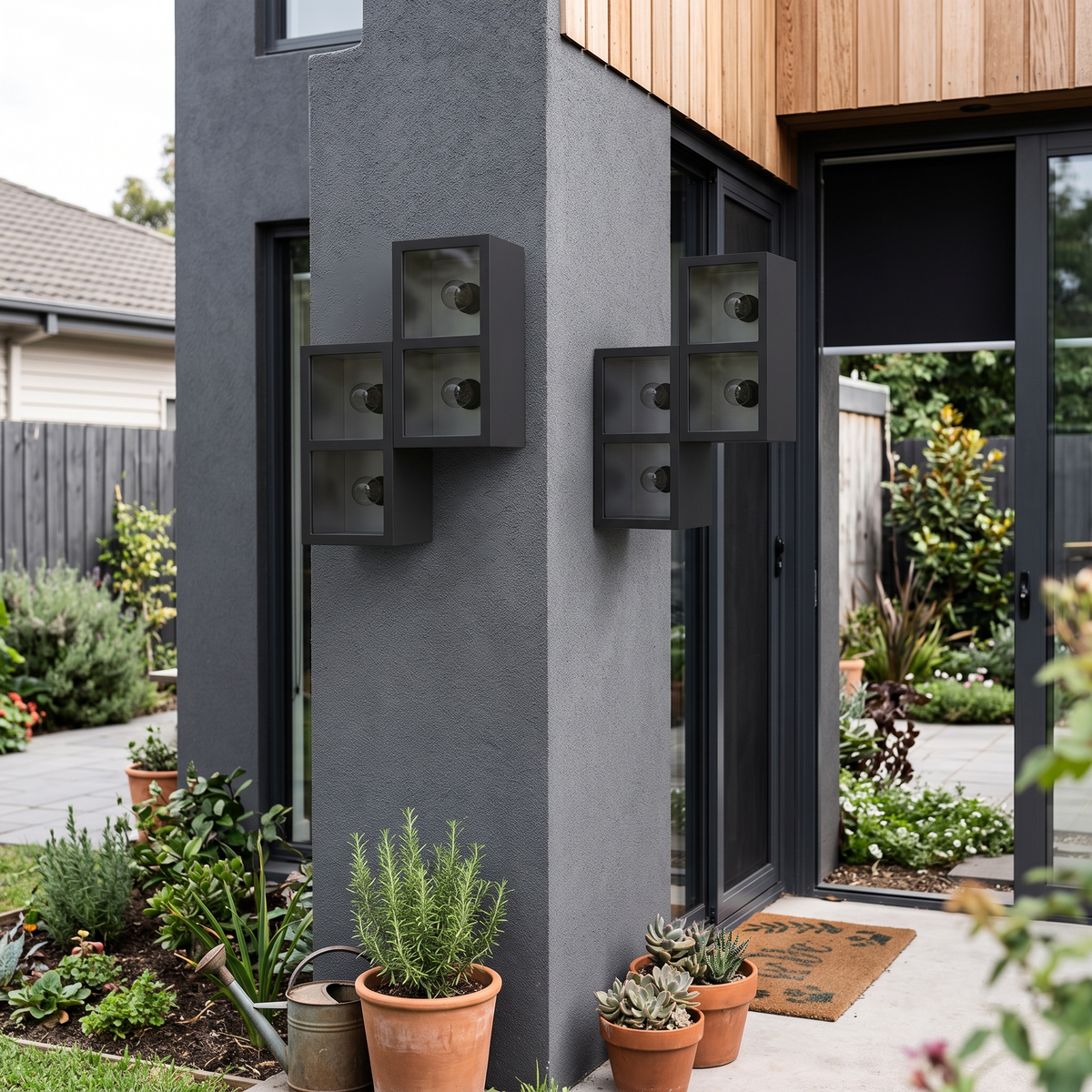 Outdoor Wall Light Black Glass on house exterior by day - Ray
