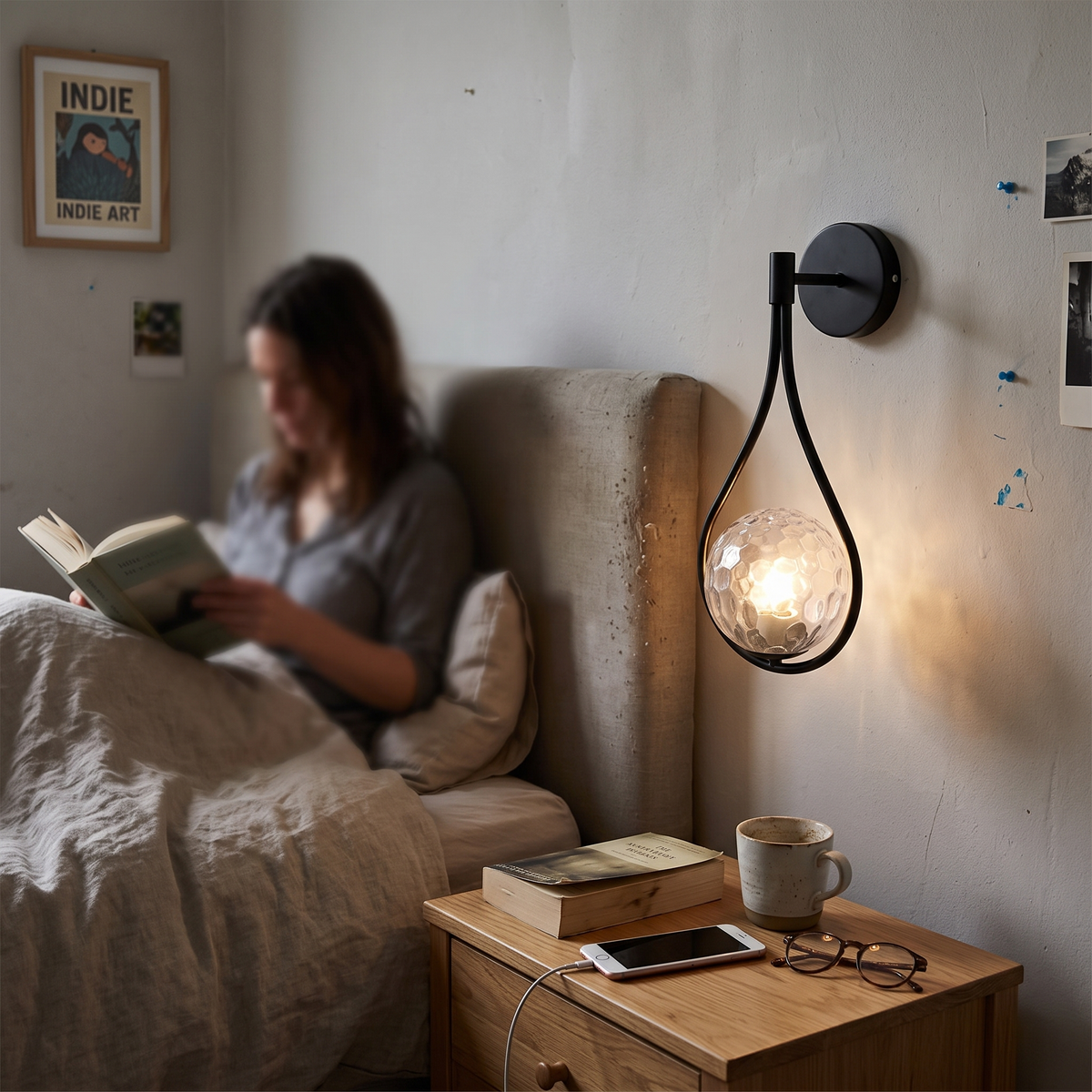 Glass Drop Wall Light in bedroom above bedside table - Valentina
