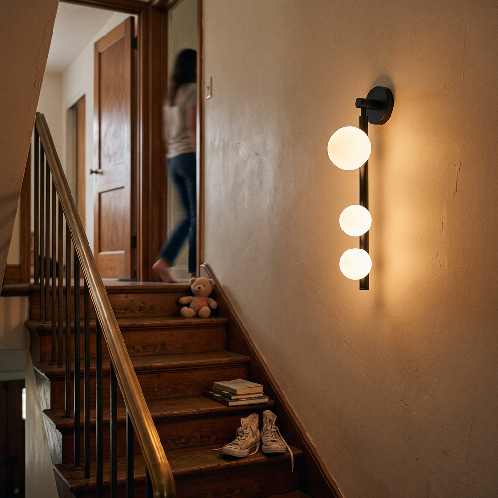 3 Light Glass Globe Wall Light on staircase wall - Valentina